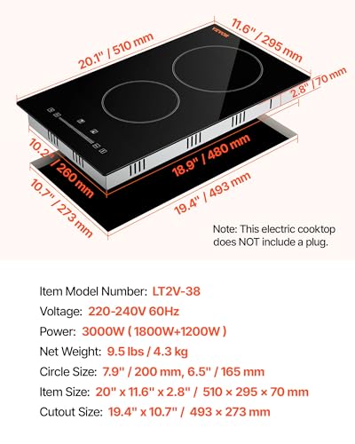 VEVOR Built in Electric Stove Top, 12 inch 2 Burners, 240V Glass Radiant Cooktop with Sensor Touch Control, Timer & Child Lock Included, 9 Power Levels for Simmer Steam Slow Cook Fry - size: 12 IN-2 Burner+Touch Control