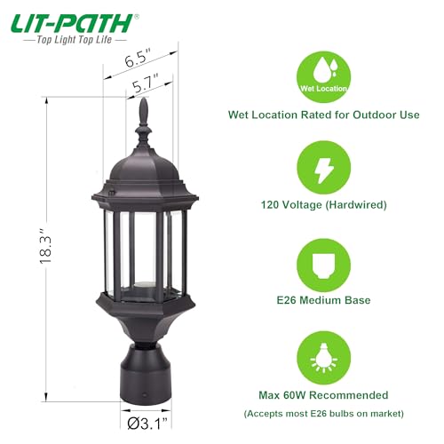 LIT-PaTH Outdoor Post Light, Rustproof Aluminum Pole Lamp, Black - color: Black Finish, size: 1-pack