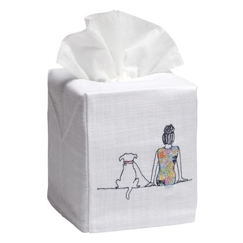 Jacaranda Living Square Tissue Box Cover, Linen/Cotton Fabric Tissue Holder, Decorative Cloth Tissue Cube Cover, Animal Designs Girl and Dog - color: Girl and Dog