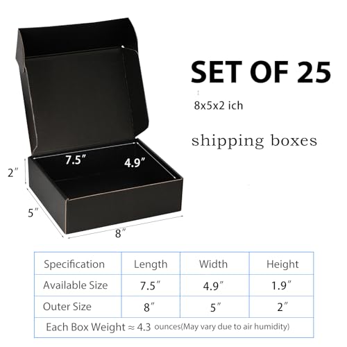 8x5x2 Black Shipping Boxes for Small Business, Packing, 25 Pack - color: Black, size: 8x5x2 Inch