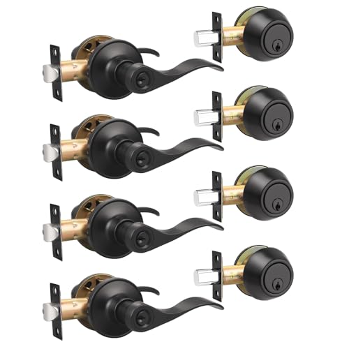 Gobrico 4 Pack Entry Door Handle and Single Cylinder Deadbolt Combo Locksets in Black,Wave Style Lever Style,for Exterior/Front Doors - color: Matte Black, size: 4 Pack