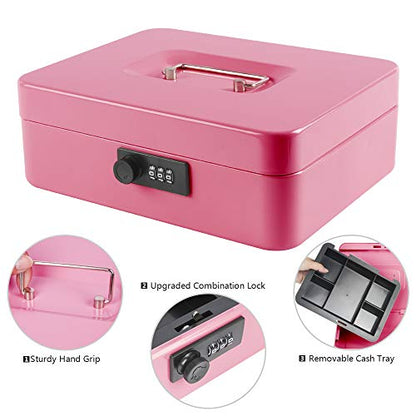 Kyodoled Large Cash Box with Combination Lock,Safe Metal Money Box with Money Tray for Security Lock Box 9.84"x 7.87"x 3.54" Pink Large - color: Pink (Pack of 1), size: Large