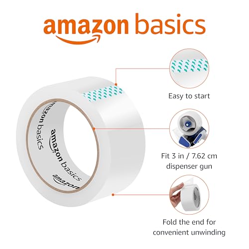 Amazon Basics Strong Plastic Adhesive Packing Tape for Shipping, Sealing Boxes, Moving and Storage, Clear, Low Odor, 1.88 in x 54.6 yds, 12-Pack - size: 1.88 inches x 54.6 yards, style: 12-Pack
