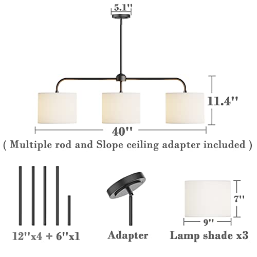 Electro bp;40" W 3-Light White Linen Drum Shade Chandelier with Black Metal Linear Pendant Light Fixture for Kitchen Island,Dining Table,E26,180W; - color: Black 3-Light Linear