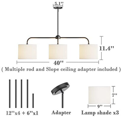 Electro bp;40" W 3-Light White Linen Drum Shade Chandelier with Black Metal Linear Pendant Light Fixture for Kitchen Island,Dining Table,E26,180W; - color: Black 3-Light Linear