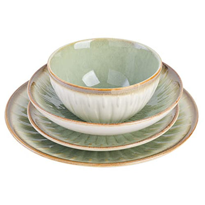 Gibson Elite Mayfair Bay 16-Piece Embossed Double Bowl Dinnerware Set, Service for 4 – Green Stoneware Plates and Bowls - color: Light Green (Mayfair Bay)