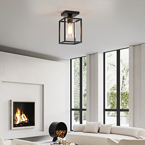 2 Pack Semi Flush Mount Ceiling Light, Black Metal Frame with Clear Glass Shade, Farmhouse Light Fixture for Kitchen, Island, Entryway, Porch, Foyer, Dining Room - color: Black