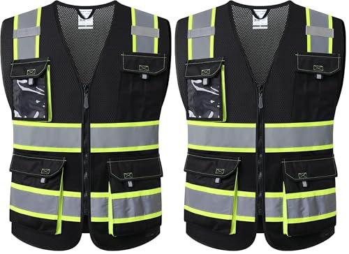 JKSafety Hi Vis Reflective Safety Vests for Men Women High Visibility Vest with Pockets Mesh Fabric Construction Safety Apparel Neon Vest for Work (220-Black XL) (Pack of 2) - color: Jk220-black, size: X-Large (Pack of 2)