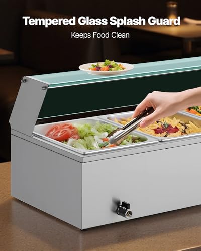VEVOR Commercial Food Warmer, 1500W Electric Stainless Steel Steam Food Warmer with Glass Cover, 4-Pan Countertop Buffet Bain Marie with Soup & Perforated Ladles, for Catering, Restaurant & Party - size: 4x1/2Pan;48QT