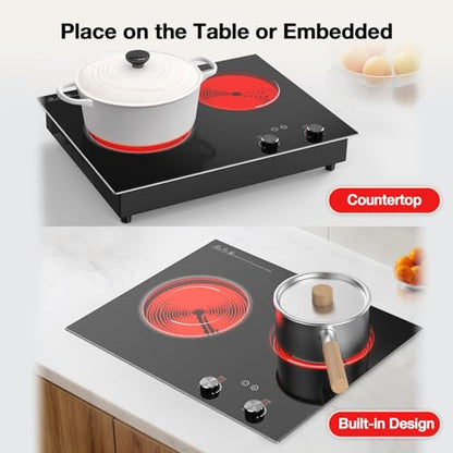 VBGK Electric Cooktop,2100W Built-in & Countertop 2 Burner Electric Cooktop,Electric Stove Top with10 Heating Level, Timer & Kid Safety Lock, LED Knob Touch Control Electric Burner with Plug - size: Double Burner Electric Cooktop