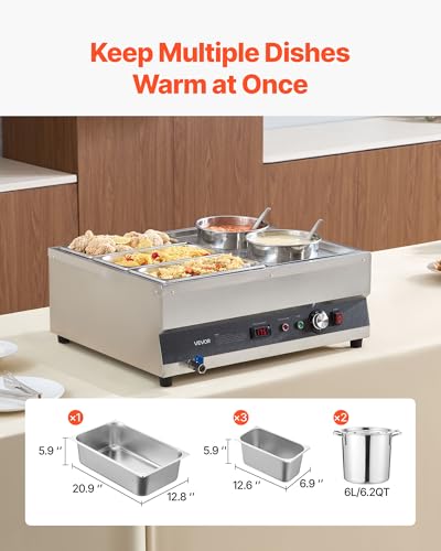 VEVOR Electric Soup Warmer, Two 6.34QT Pots & Three 1/3 Pans, Stainless Steel Commercial Food Warmer with 86~185°F Adjustable Temp, 1500W Bain Marie, Soup Station for Restaurant, Buffet - size: 2×6L Pots and 3×1/3 Pans