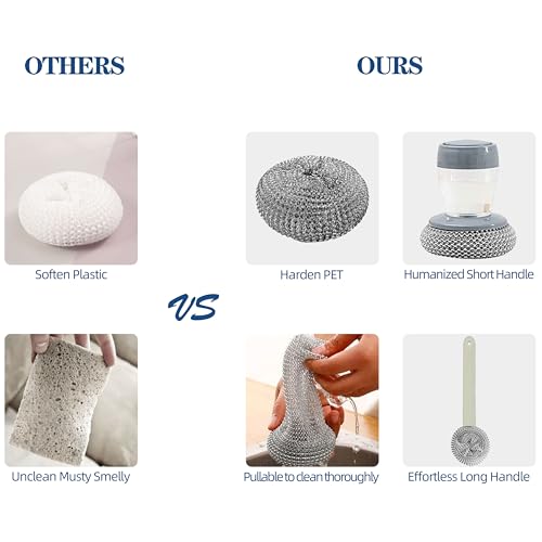 Stainless Steel Wool Brush Dish Scrubber with Handle Replacement Heads - Steel Scrubbing Scouring Pad Set of 16, Kitchen Cleaning Metal Dish Scrubber for Washing Dishes Grate Pot Pan Sink