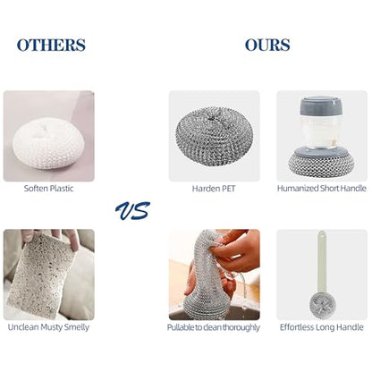 Stainless Steel Wool Brush Dish Scrubber with Handle Replacement Heads - Steel Scrubbing Scouring Pad Set of 16, Kitchen Cleaning Metal Dish Scrubber for Washing Dishes Grate Pot Pan Sink