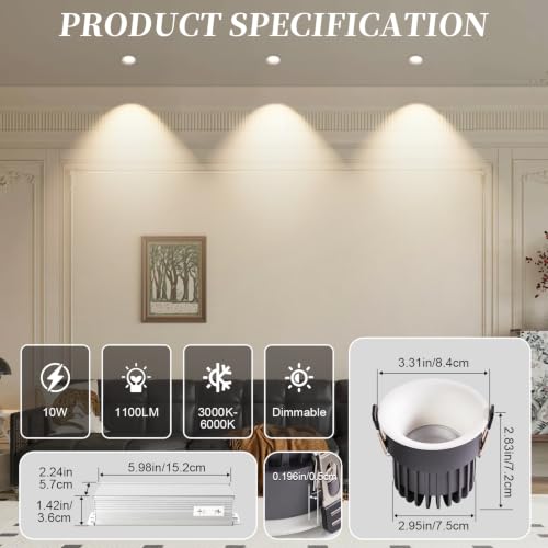 3 Inch LED Recessed Lights, Waterproof, Dimmable, 3CCT, CRI98 Ceiling Light - color: White-Gray, size: 3 Inch-2 Pack