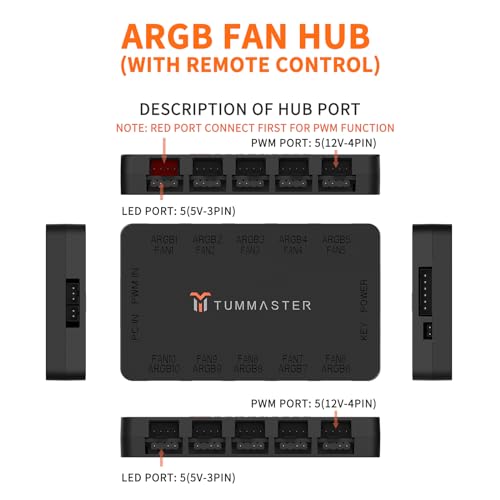 ARGB Fan HUB, 10-Port 4 Pin PC Fan Controller, 5V-3Pin ARGB Fan Hub, Magnetic Suction, SATA Power Input,RF Remote & Chassis key control,Controller Support 10 ARGB PWM Fans Splitter, Black - color: J-10 （Black）