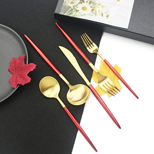 JASHII Luxury 18/10 Red Handle Flatware Gold Silverware Set 304 Stainless Steel Flatware Cutlery Set| 5-Piece Adaline Royal Modern Satin Finish| BEST Birthday Wedding Gift (Red Handle Matte Gold) - color: Red Gold, size: Service for 1