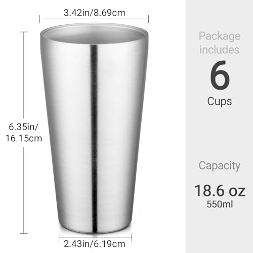Beasea Stainless Steel Cups 19 oz, 6 Pack Large 18.6oz 550ml Stainless Steel Water Drinking Tumbler Stackable Double Wall Insulated Metal Pint Glasses Tin Cups for Home Party Camping - color: Straight, style: 18.6oz 6pcs