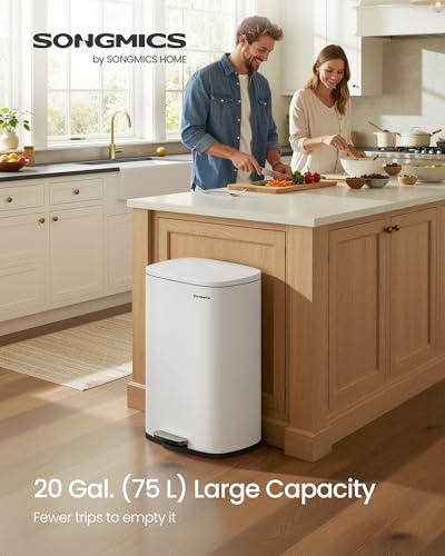 SONGMICS 20 Gallon (75 L) Trash Can, Stainless Steel, Step-On Pedal - color: White, size: 20 Gal.