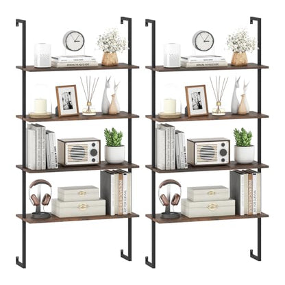 Tangkula 4-Tier Wall Mounted Bookshelf, Wood Ladder Shelf - color: Brown