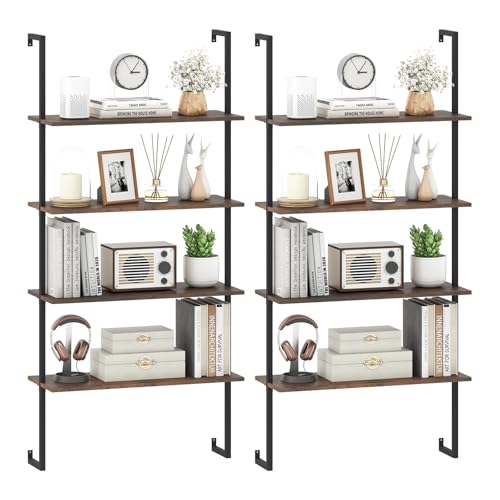 Tangkula 4-Tier Wall Mounted Bookshelf, Wood Ladder Shelf - color: Brown