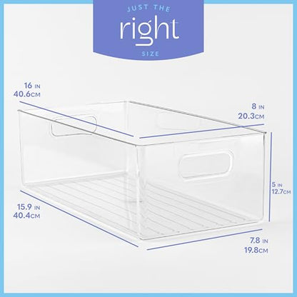 Plastic Food Storage 2 Pack Clear Container Bin with Handles for Organizing Kitchen, Pantry, Refrigerator, Freezer, Pantry, Cabinet, Closet, Bathroom. 16”x8”x5” - size: 16x8x5