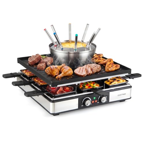 COSTWAY Raclette Table Grill & Fondue Pot, 1800W Electric Grill, 8 People - size: 14.5" x 14.5" x 6"