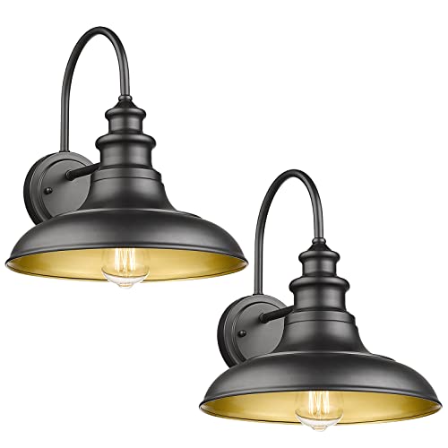 Outdoor Barn Light Fixture, 12.3 Inch Large Dome Farmhouse Wall Mount Light Wall Sconce Exterior Wall Lighting Fixture Industrial Black Finish Lantern with Gold Interior for Porch Garage Patio, 2 Pack - color: Black, size: 12-RZ004-2PACK(Not Dusk to Dawn)