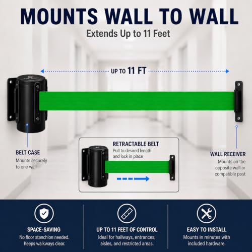 Crowd Control Warehouse WMB-125 Wall Mount Retractable Belt Barrier, 11 Ft - color: Green, size: Solid Color