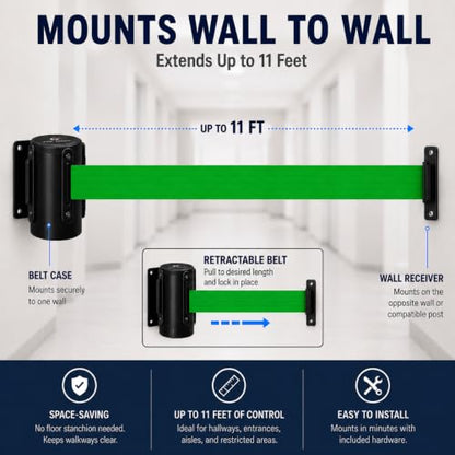 Crowd Control Warehouse WMB-125 Wall Mount Retractable Belt Barrier, 11 Ft - color: Green, size: Solid Color