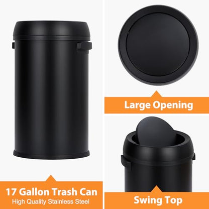 GarveeHome 17 gal/65 L Swing Top Trash Can, Stainless Steel Rubbish Bin, Commercial Grade Waste Container, Round Garbage Can for Outdoor, Home Office, Restaurant, Black - color: Black, Swing Lid