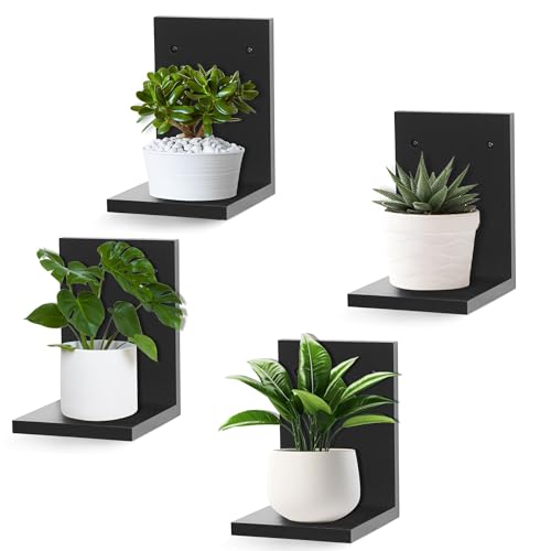 PHOENANCEE Small Wall Shelf Modern,Wooden Mini Floating Shelves,Indoor Wall Mounted Plants Shelf L Shaped,Midcentury Display Decorative Holder for Gallery Living Room Bedroom Porch,Pine,4 Pack(Black) - color: Black, size: Set of 4