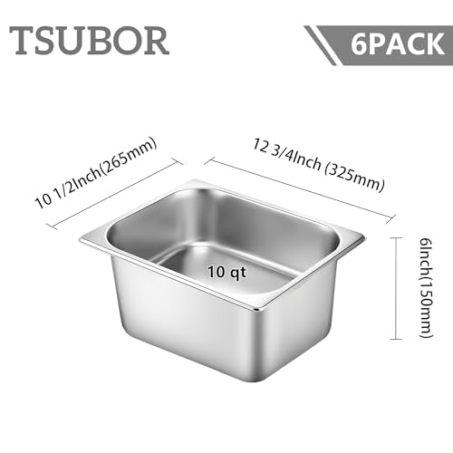 6 Pack Hotel Pans 1/2 Size 6" Deep Stainless Steel Steam Table Pan w/Lids - color: 1/2, size: 6'' Deep