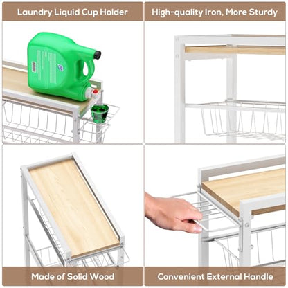 4 Tier Slim Rolling Storage Cart with Pull-Out Baskets, Narrow Sliding Storage Slim Laundry Cart Slim Rolling Kitchen Cart - color: White