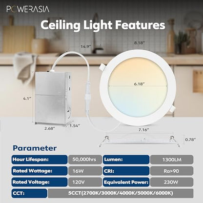 POWERASIA 2 Pack 7 Inch LED Recessed Lighting, 5CCT Canless Wafer, White - color: 2P-5CCT-WH, size: 7INCH