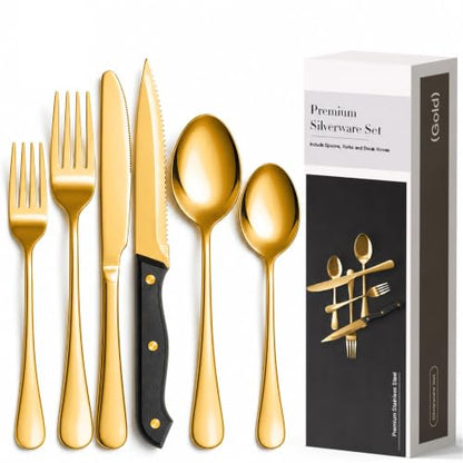 Astercook 25-Piece Gold Silverware Set with Steak Knives, Flatware Tableware Set for 4, Great Food-Grade Stainless Steel Cutlery Set, Mirror Polished Dining Utensils Set, Perfect for Home Restaurant