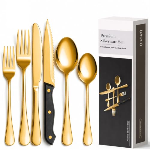 Astercook 25-Piece Gold Silverware Set with Steak Knives, Flatware Tableware Set for 4, Great Food-Grade Stainless Steel Cutlery Set, Mirror Polished Dining Utensils Set, Perfect for Home Restaurant