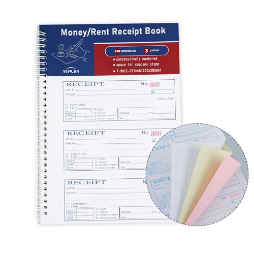 2Pcs,Money Rent Receipt Book,7.9x11.22 Inches,Receipt Book with Carbon Copies,3 Part Carbonless,Cash Receipt Book,100 Sets per Book - size: 7.9x11.22 inches, style: 2Pcs-3Part