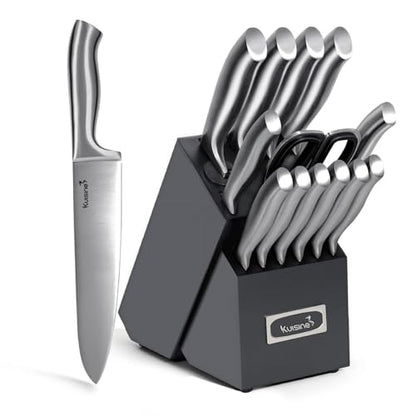 KUISINE Upgraded Premium Chef Knife Set,High Carbon Stainless Steel Razor-sharp Blade Ergonomic Non-slip Steel Handle,Block Knife Set with Built-in Sharpener(Black Silver,15PCS) - color: ET Black