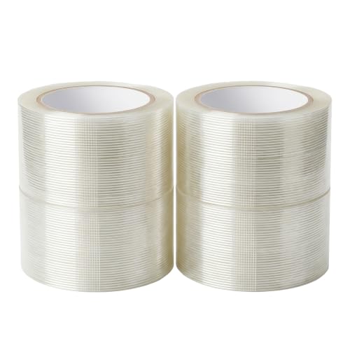 4 Roll Mono Filament Strapping Tape Heavy Duty Packing Tape, 1.77 Inch x 800 Inch 5.5 Mil, Transparent Fiberglass Reinforced Packaging Tape for Pallet Wrap Bundling Moving Warehouse