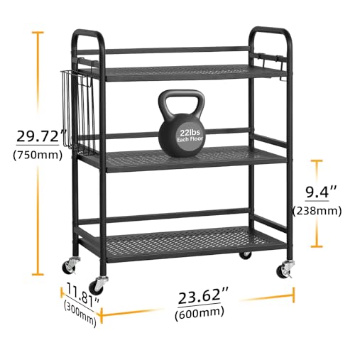 HDANI 3 Tier Metal Mesh Utility Cart,Large Capacity Multipurpose Heavy Vehicle,Rolling Trolley with to Hooks and One Basket(Black) - color: Black, size: Large Mesh with Basket