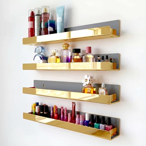4 Pack 15 Inch Gold Reflective Acrylic Shelves, Gold Foating Shelves, Modern Sunglasses Essential Oil Picture Ledge Display Toy Storage Shelf - color: 15in-gold Mirror