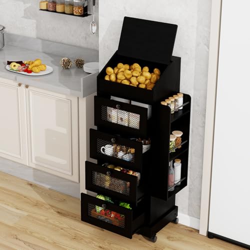 ARTETHYS Potato Storage Bin 5-Tier Rolling Black Bread Box with Side Rack - color: Black