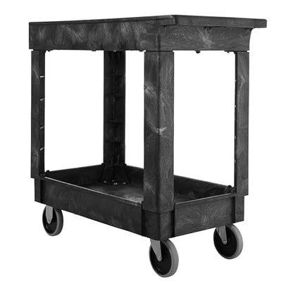 Rubbermaid Commercial Products 2-Shelf Service/Utility Cart with Wheels, 300-Pound Capacity, Black, Lipped Shelves with Handle, Use in School/Restaurant/Warehouse/Manufacturing - size: Small