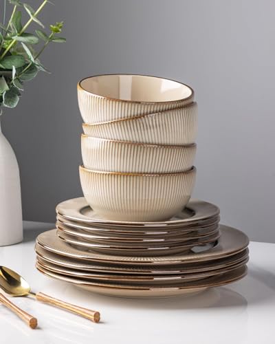 GBHOME Ceramic Dinnerware Sets of 6,18 pcs Plates and Bowls Sets Dishes - color: Pale Khaki, size: Service for 6 (18 pcs)