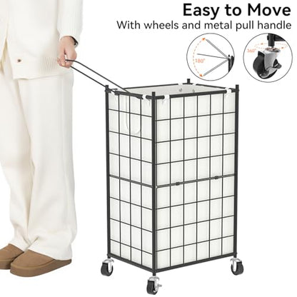 WOWLIVE Rolling Laundry Basket, Metal Wire Frame Laundry Hamper with Wheels - color: Black and White, size: 100l
