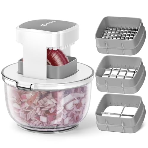 KEOUKE Multifunctional Vegetable Chopper Bowl White - 3 Interchangeable Blades Potato French Fry Cutter with Container & Storage Box Food Chopper Dicer for Cucumber, Tomato, Carrot, Onion - color: White, size: Bowl