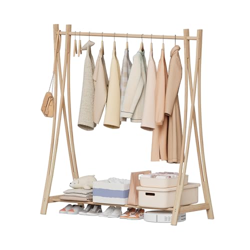 Wooden Retail Display Hanging Clothes Rack with Storage Shelf, 52" W x 57" H Freestanding Heavy Duty Clothing Drying Garment Rack for Hanging Clothes, Coat, Dress, Shirt, Hat - size: 52"W - Wood