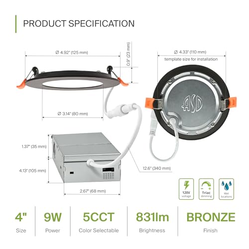 ASD 6 Pack LED Recessed Lighting 4 Inch 9W, 5 CCT 2700K-5000K CRI90+, IC Rated Ultra Thin Dimmable Ceiling Lights with J Box, Canless Wafer Downlight, Round Slim Panel Light, Energy Star ETL, Bronze - color: Bronze, size: 4 Inch 6 Pack