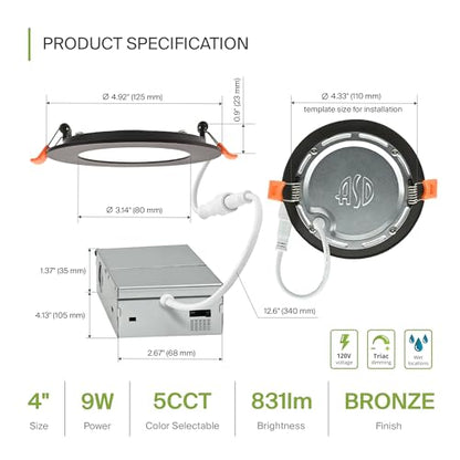 ASD 6 Pack LED Recessed Lighting 4 Inch 9W, 5 CCT 2700K-5000K CRI90+, IC Rated Ultra Thin Dimmable Ceiling Lights with J Box, Canless Wafer Downlight, Round Slim Panel Light, Energy Star ETL, Bronze - color: Bronze, size: 4 Inch 6 Pack