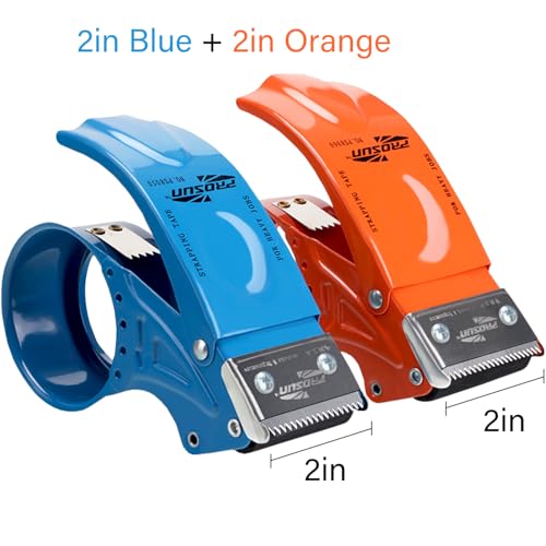 PROSUN 2 Pack Heavy Duty Metal Packing Tape Dispenser Gun and 2 Replacement Blades:2-inch Wide Tape Dispenser for Shipping, Moving, Office & Warehouse(2026 NEW Set 2" Blue + 2" Orange) - color: Orange+blue